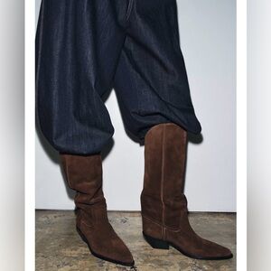ZARA SPLIT LEATHER HEELED COWBOY BOOTS Brown Suede Knee-High Boots